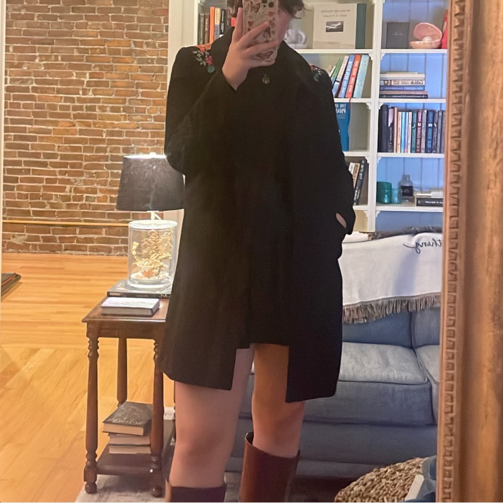 LOFT Black Pea Coat with Floral Sleeve Detail